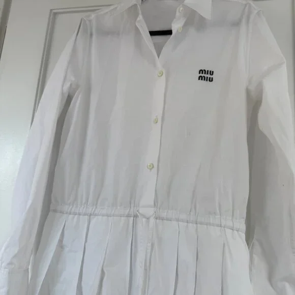 ❌SOLD❌NWT Miu Miu Shirt Dress Mini Length In White Sz 40 Long Sleeves Logo - Picture 5 of 9